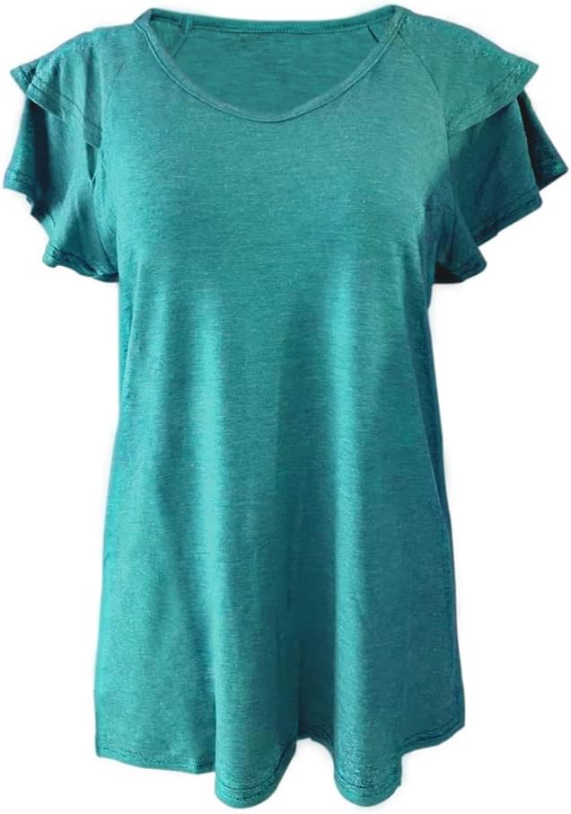Haut femme été col V manches courtes coton uni avec volants
