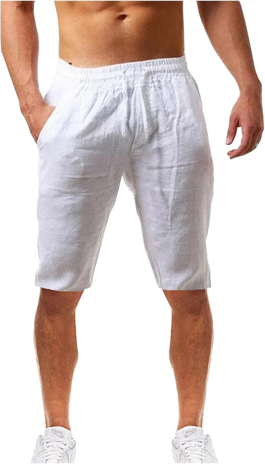 Short homme coton lin grande taille été avec poches fonctionnelles