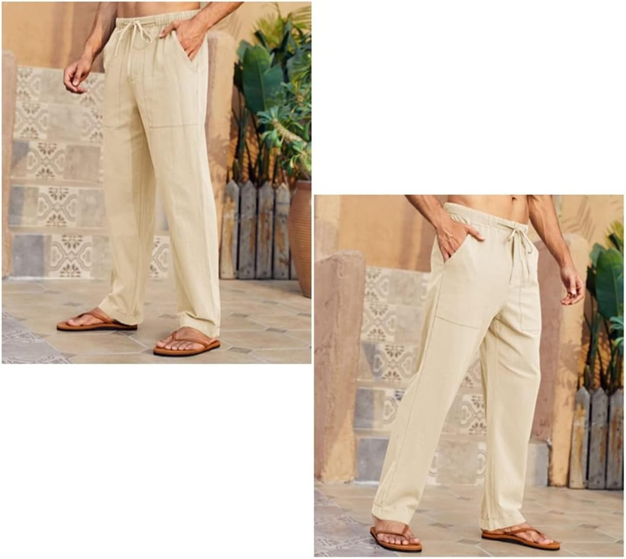 Pantalon yoga homme été coton lin léger avec poches et cordon