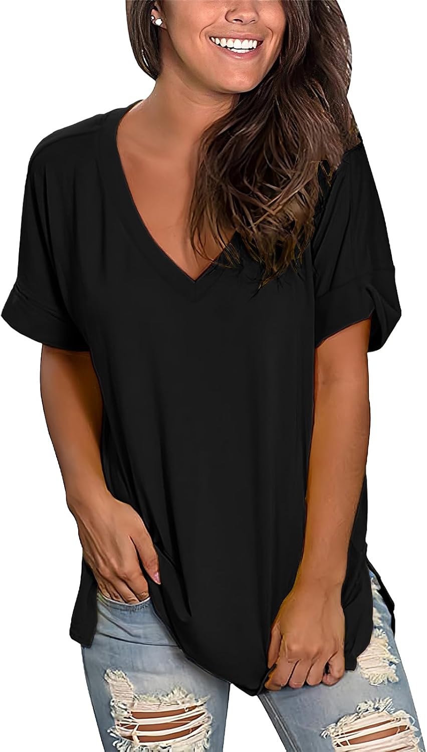 Tee Shirt Femme Grande Taille Chic – Col V, Manches Courtes, 100% Coton Confortable