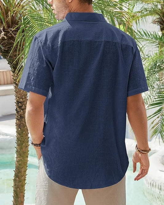 Chemise en lin homme col mao été manches courtes unie classique
