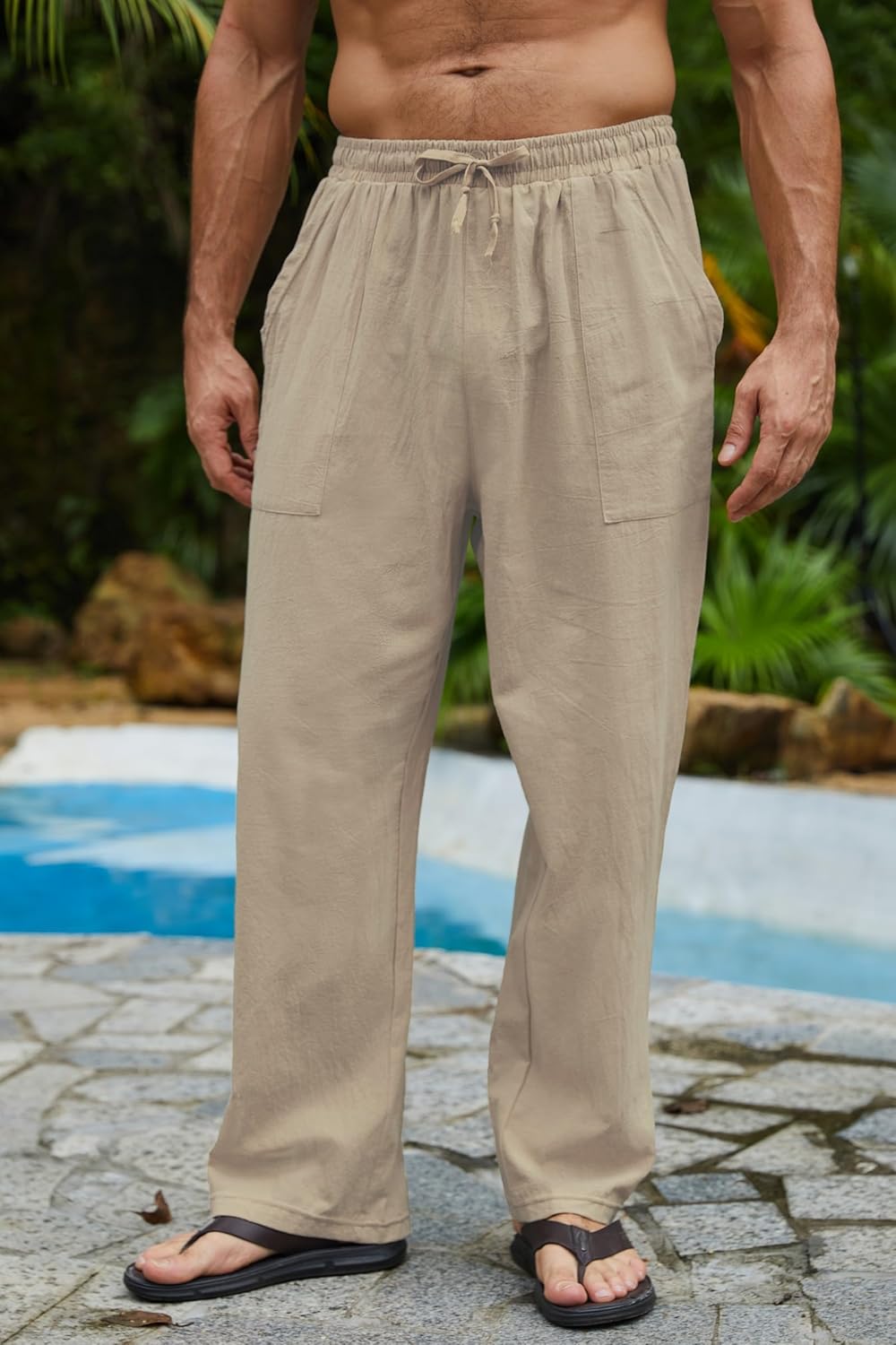 Pantalon yoga homme été coton lin léger avec poches et cordon