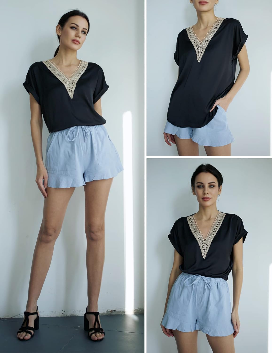 Chemisier satiné col V femme manches courtes chic et souple