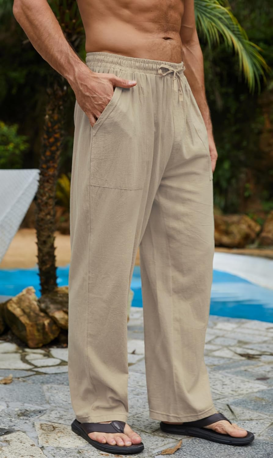 Pantalon yoga homme été coton lin léger avec poches et cordon