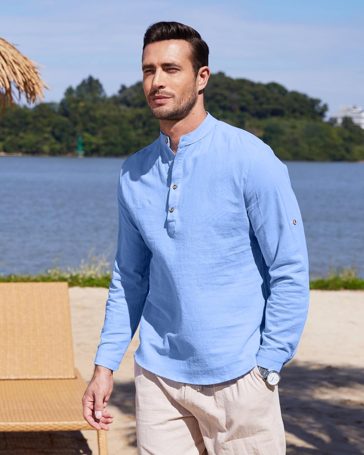 Chemise en lin pour homme manches longues légère respirante look casual