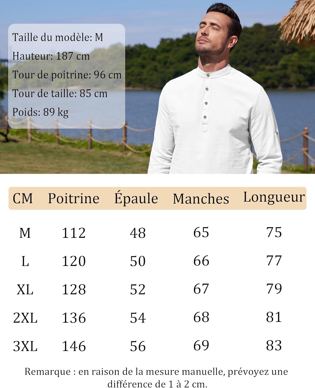 Chemise en lin pour homme manches longues légère respirante look casual