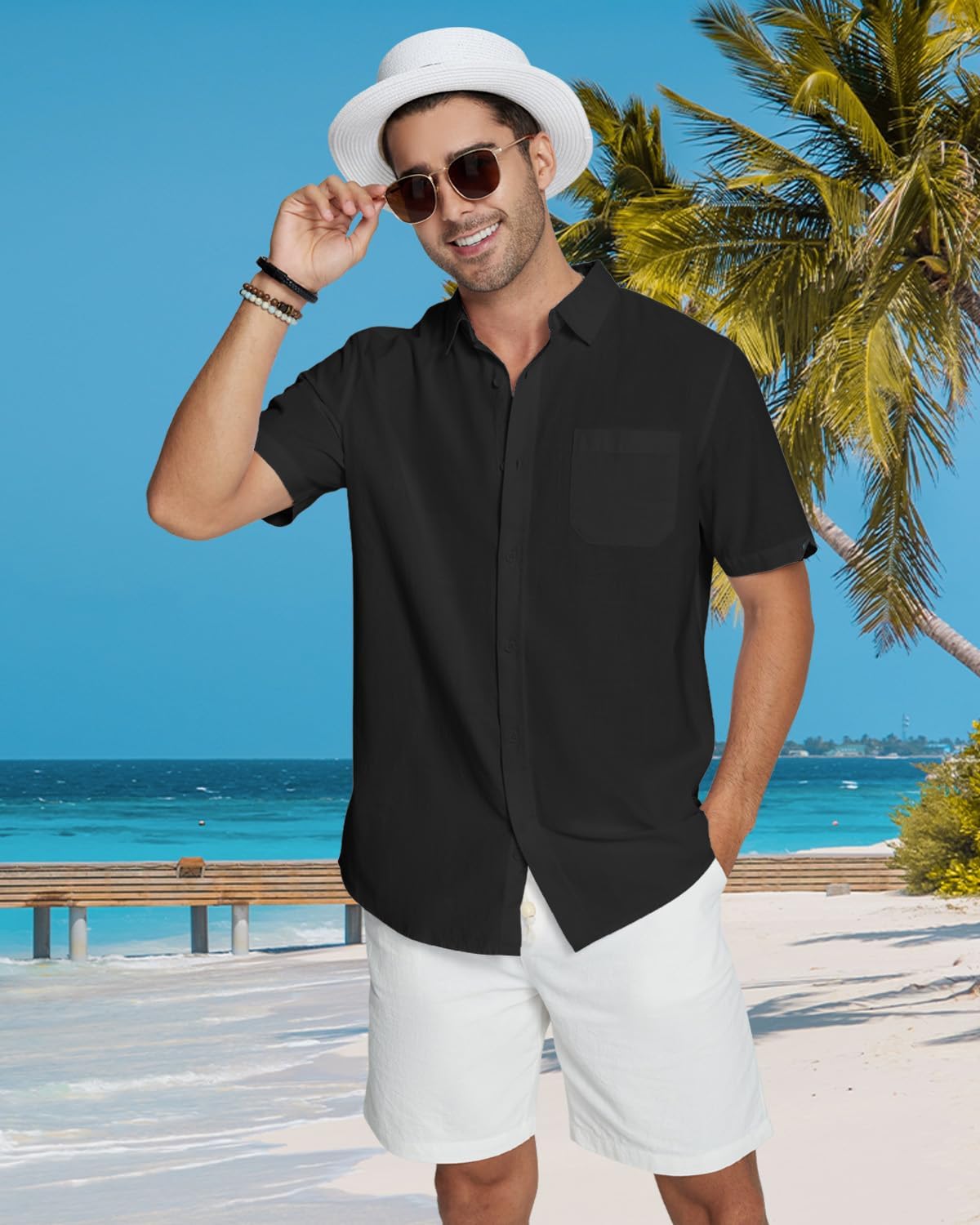 Haut d’été homme manches courtes lin coton style plage décontracté