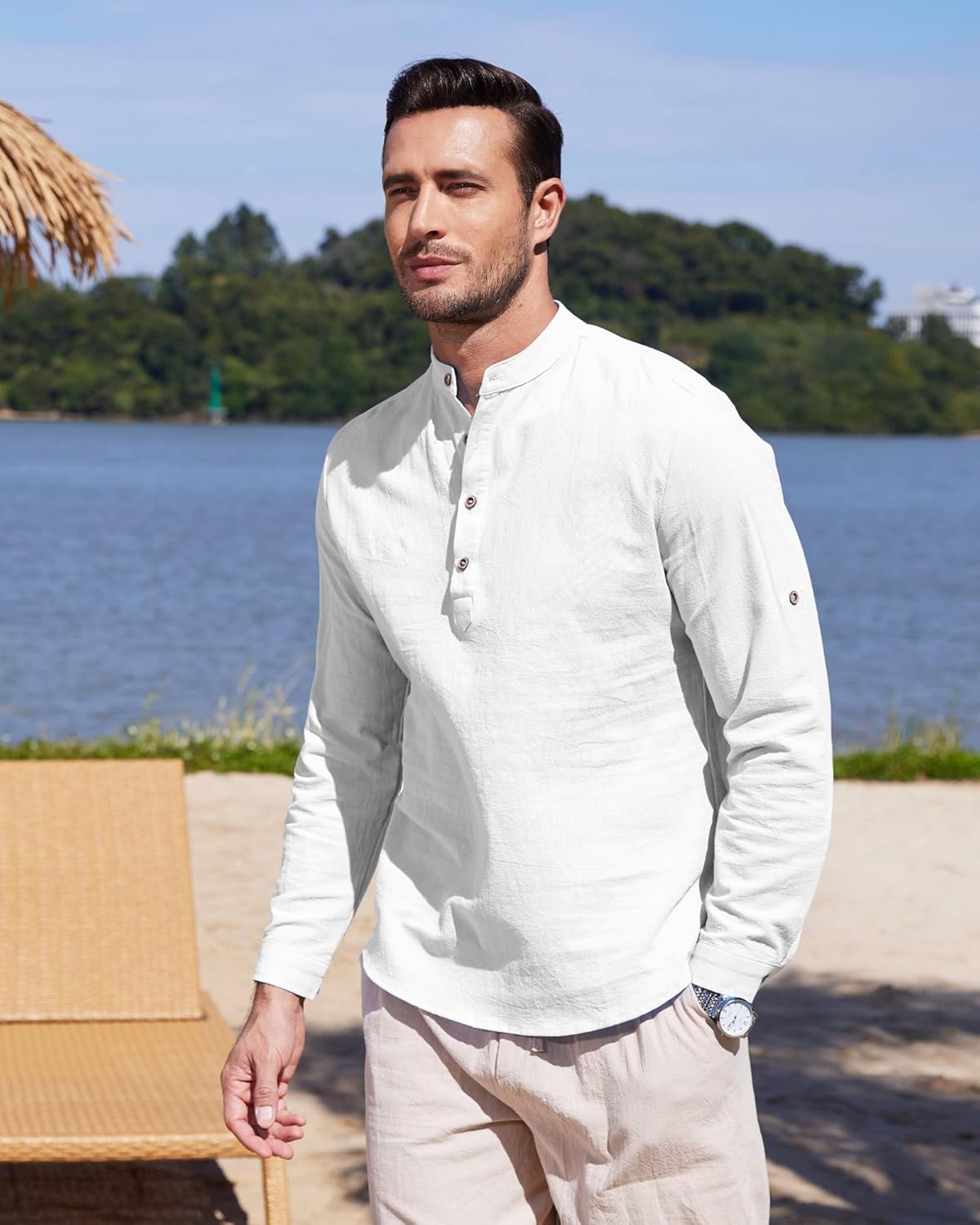 Chemise en lin pour homme manches longues légère respirante look casual