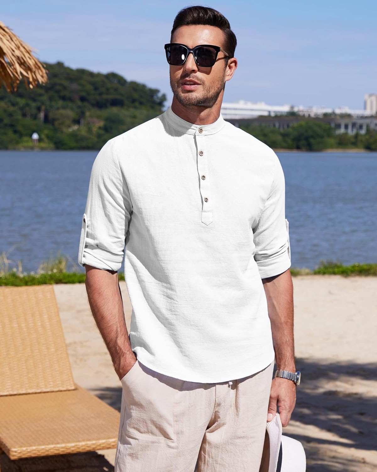 Chemise en lin pour homme manches longues légère respirante look casual