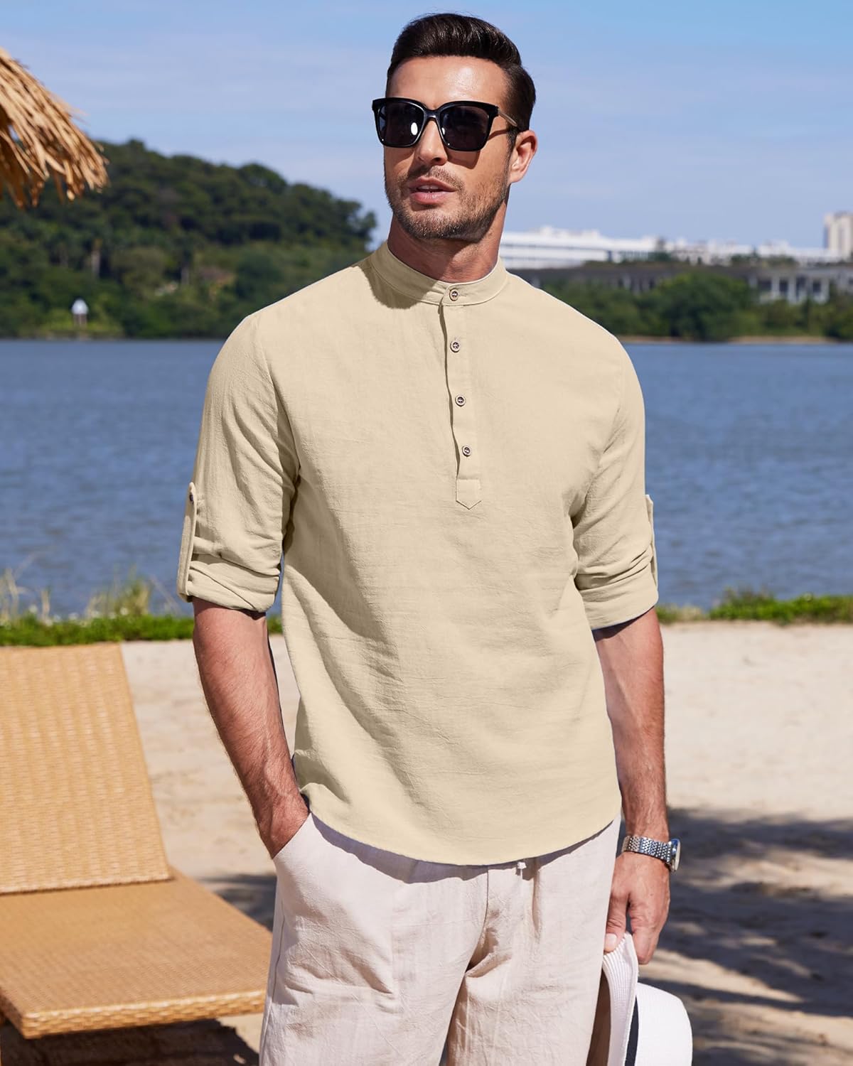 Chemise en lin pour homme manches longues légère respirante look casual