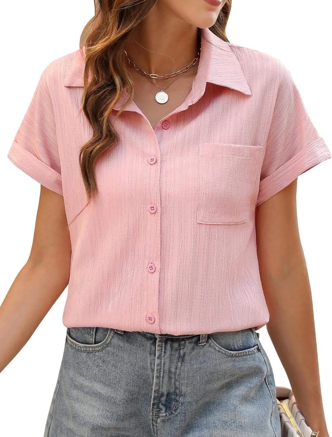 Top Femme Col V Boutonné - Manches Courtes, Coupe Ample, Élégant