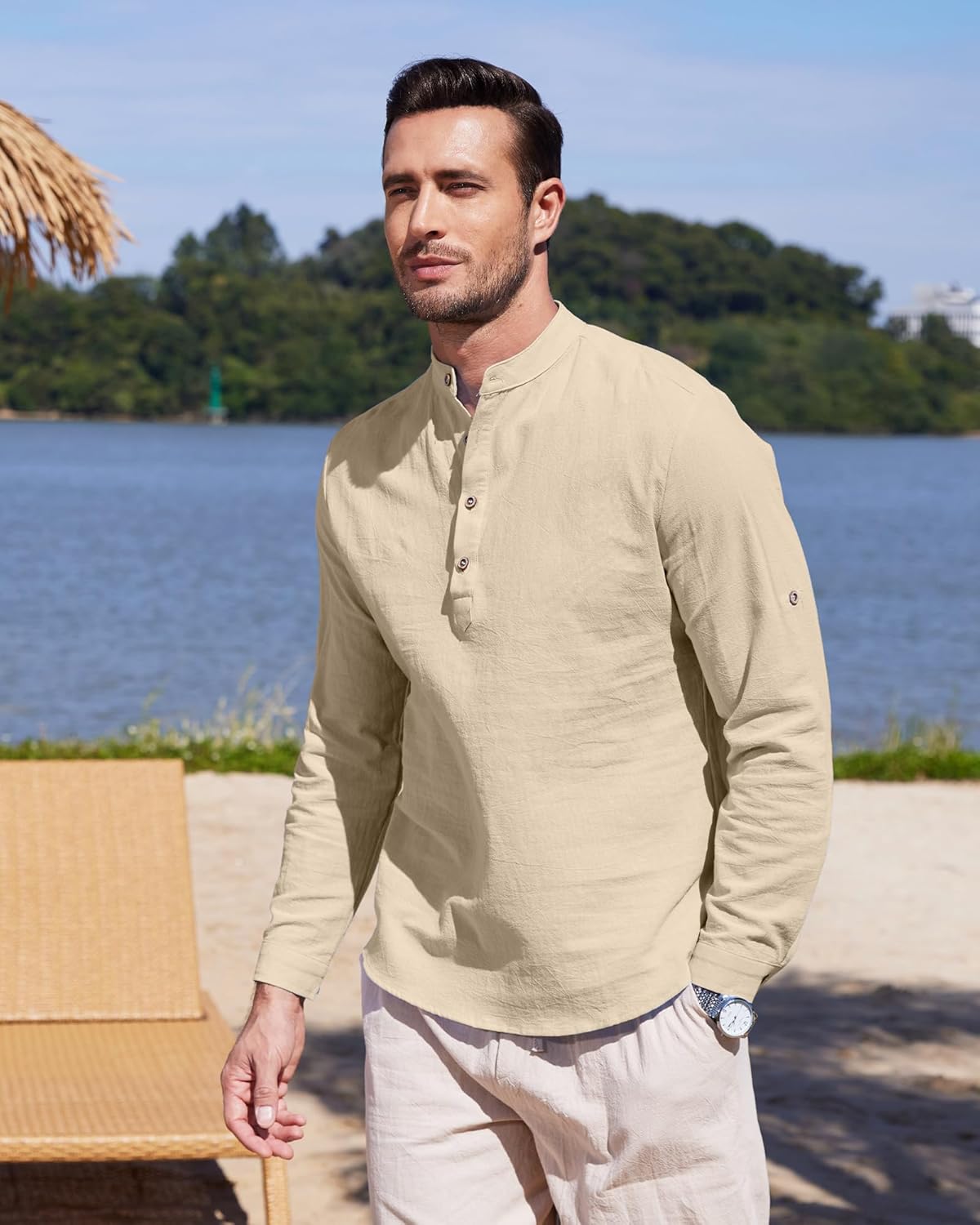 Chemise en lin pour homme manches longues légère respirante look casual