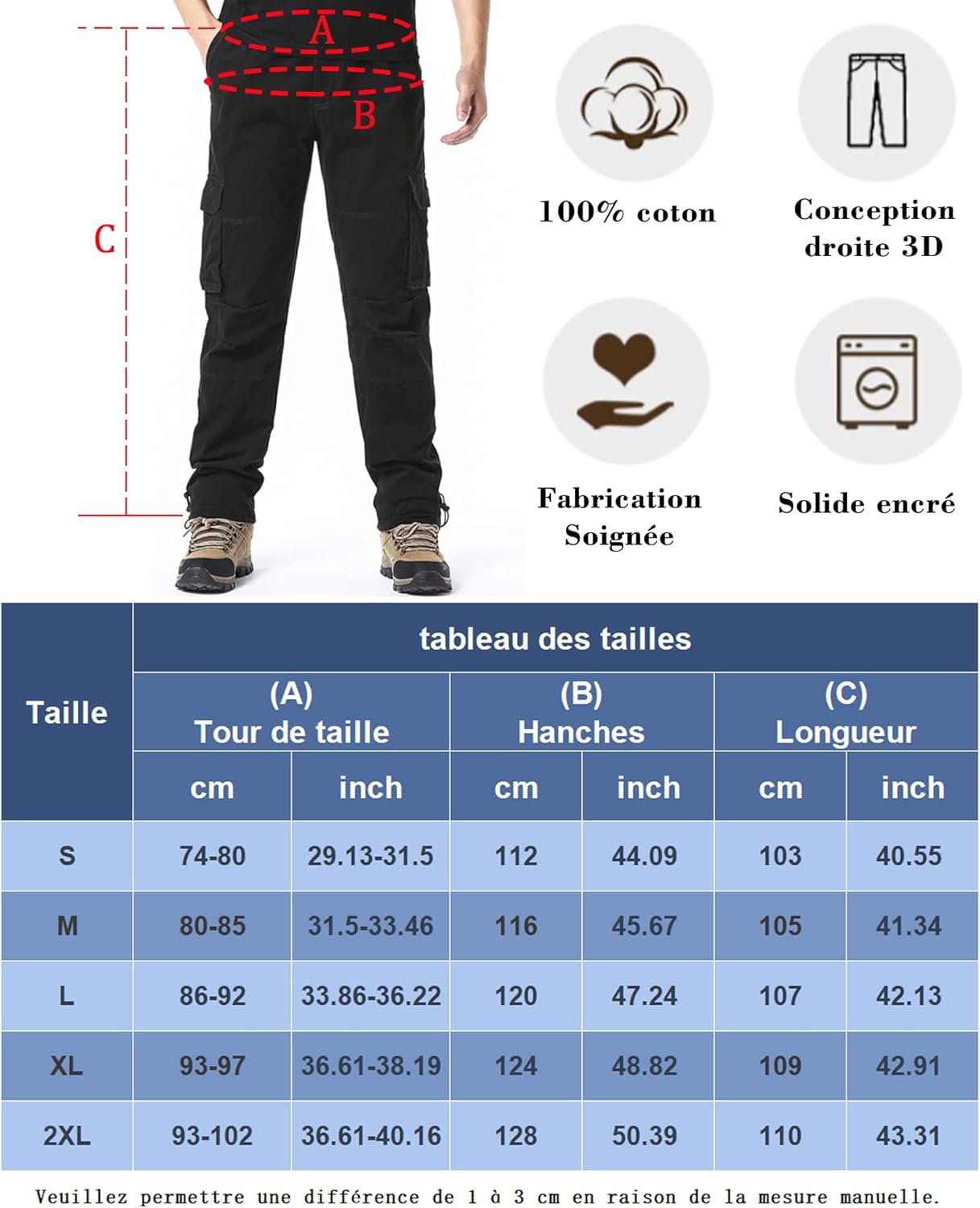 Pantalon homme style cargo ample avec élastique et poches