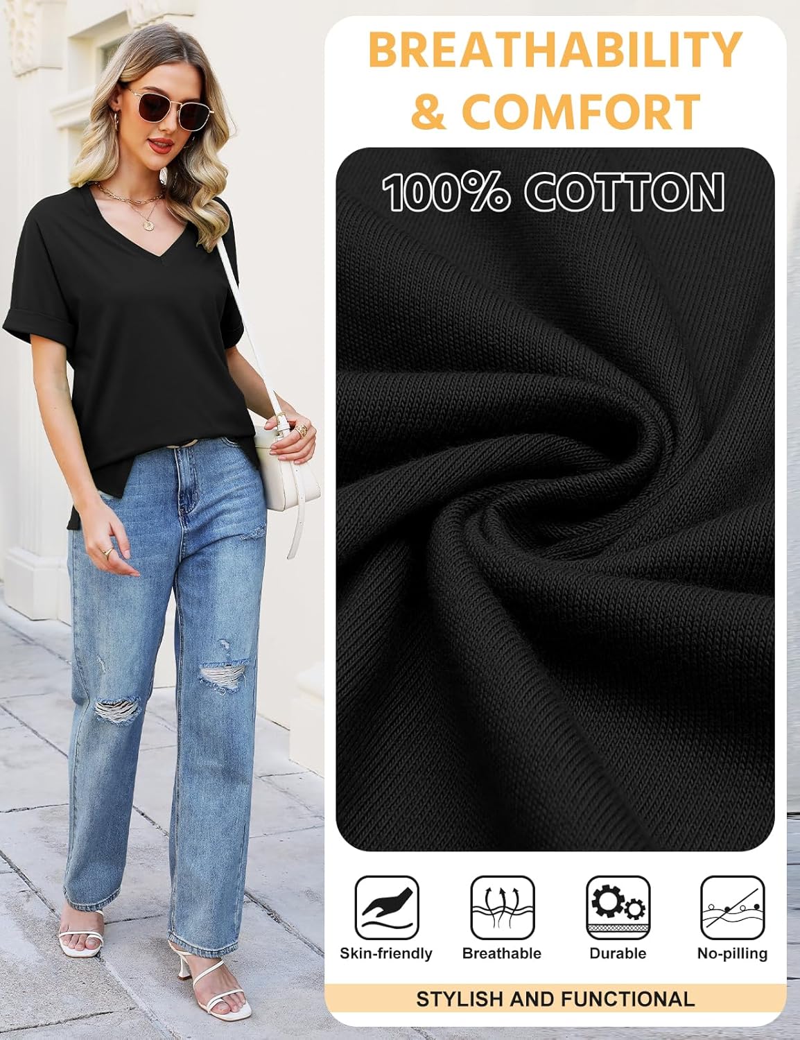 Tee Shirt Femme Grande Taille Chic – Col V, Manches Courtes, 100% Coton Confortable