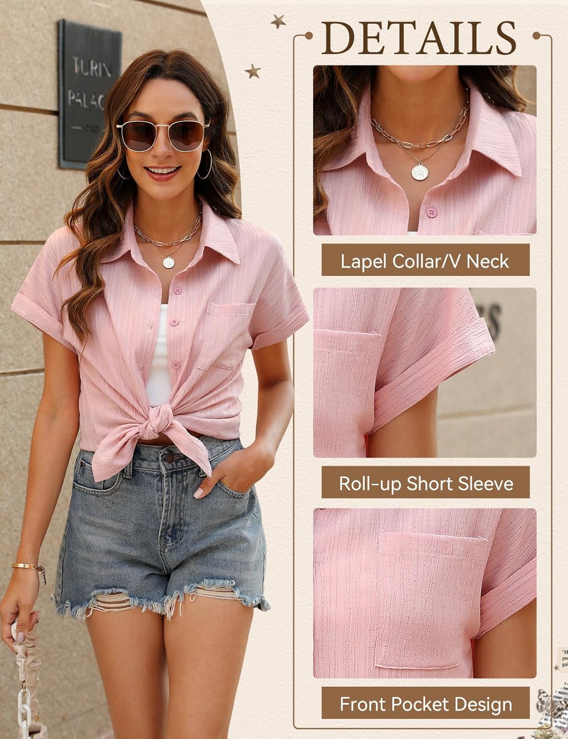 Top Femme Col V Boutonné - Manches Courtes, Coupe Ample, Élégant