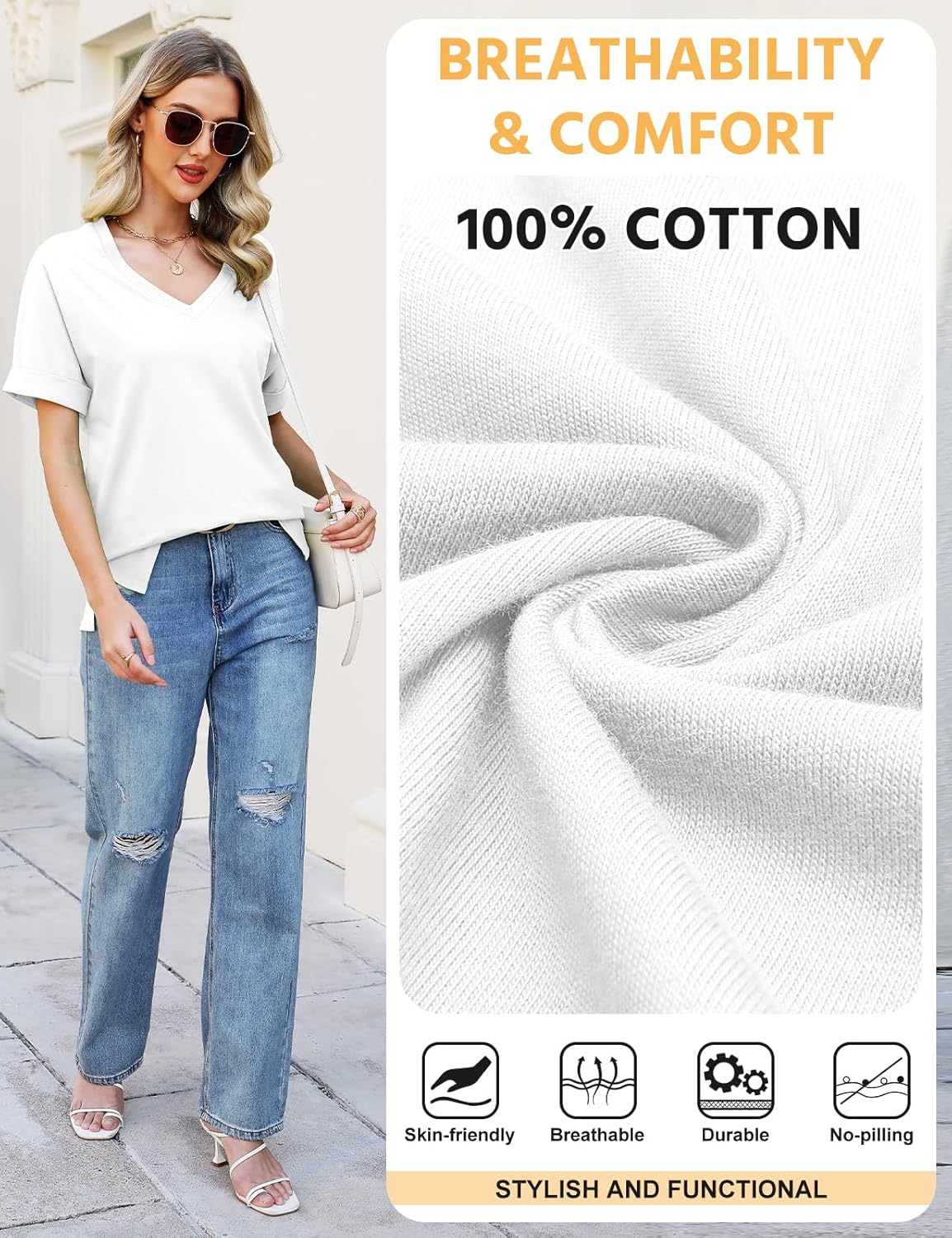 Tee Shirt Femme Grande Taille Chic – Col V, Manches Courtes, 100% Coton Confortable