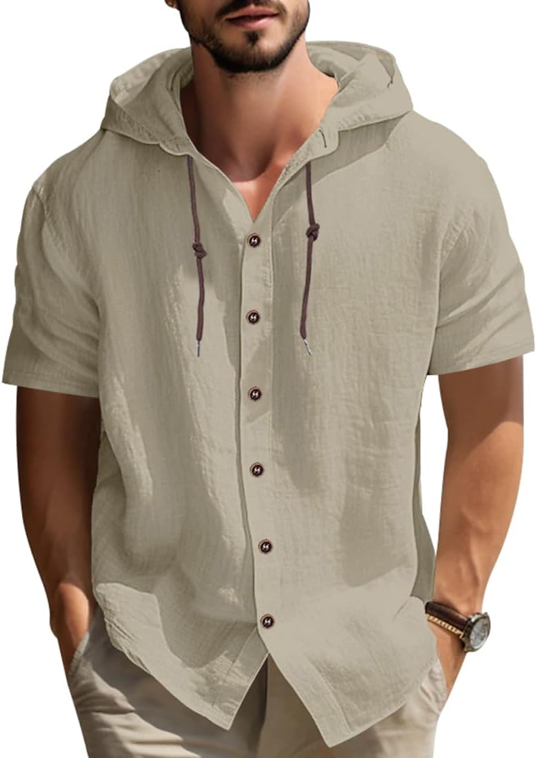 Haut en lin pour homme à capuche manches courtes style estival casual