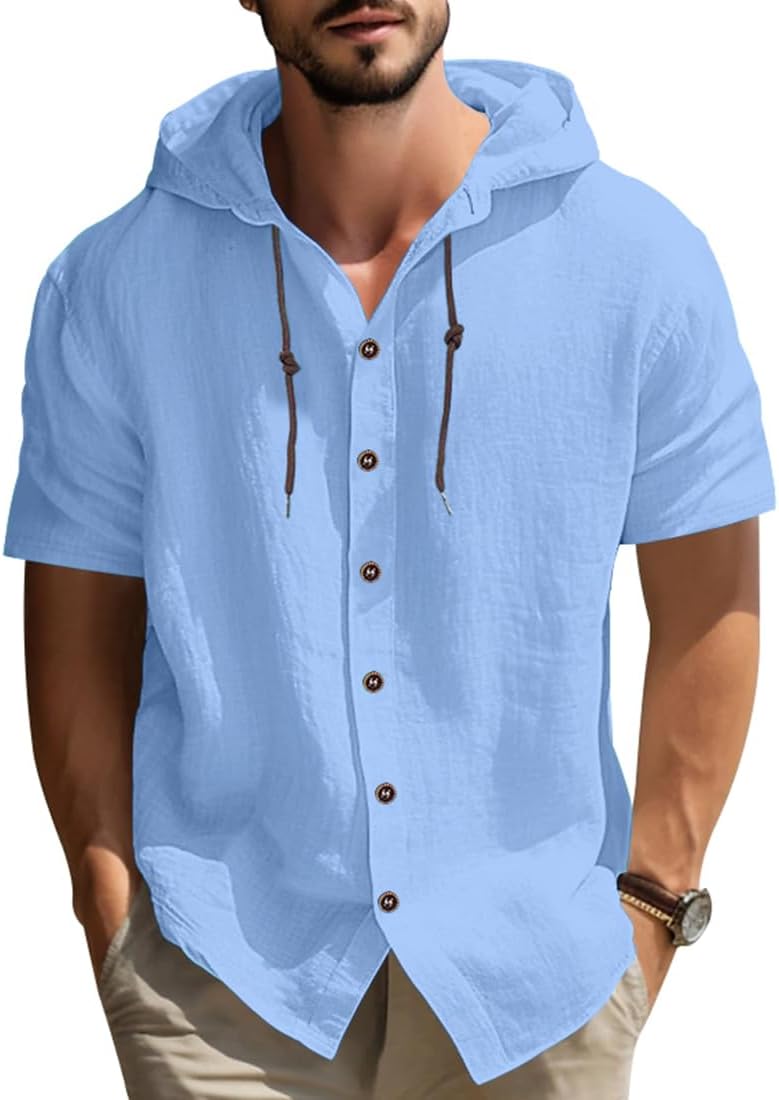 Haut en lin pour homme à capuche manches courtes style estival casual