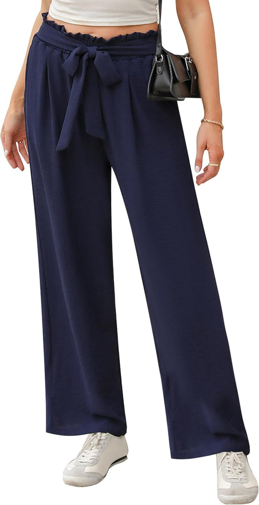 Pantalon femme taille haute ceinture large jambes larges chic