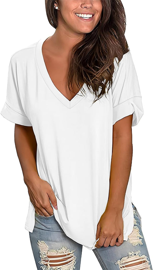 Tee Shirt Femme Grande Taille Chic – Col V, Manches Courtes, 100% Coton Confortable