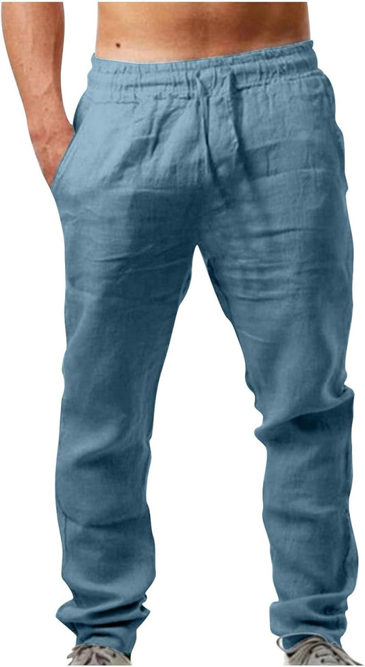 Pantalon homme été coton lin taille élastique avec poches
