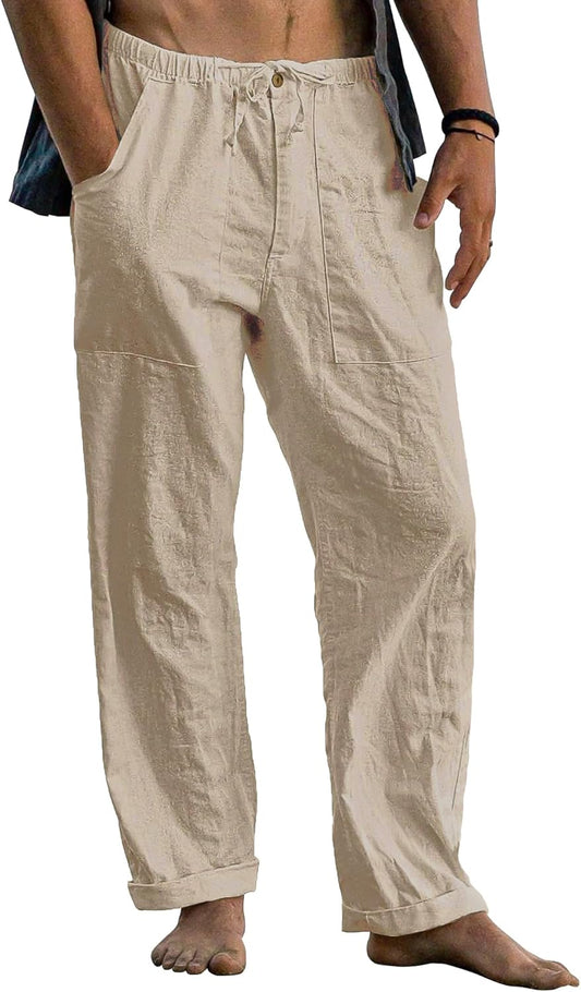 Pantalon yoga homme été coton lin léger avec poches et cordon