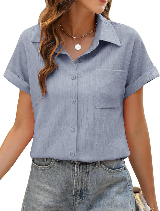 Top Femme Col V Boutonné - Manches Courtes, Coupe Ample, Élégant